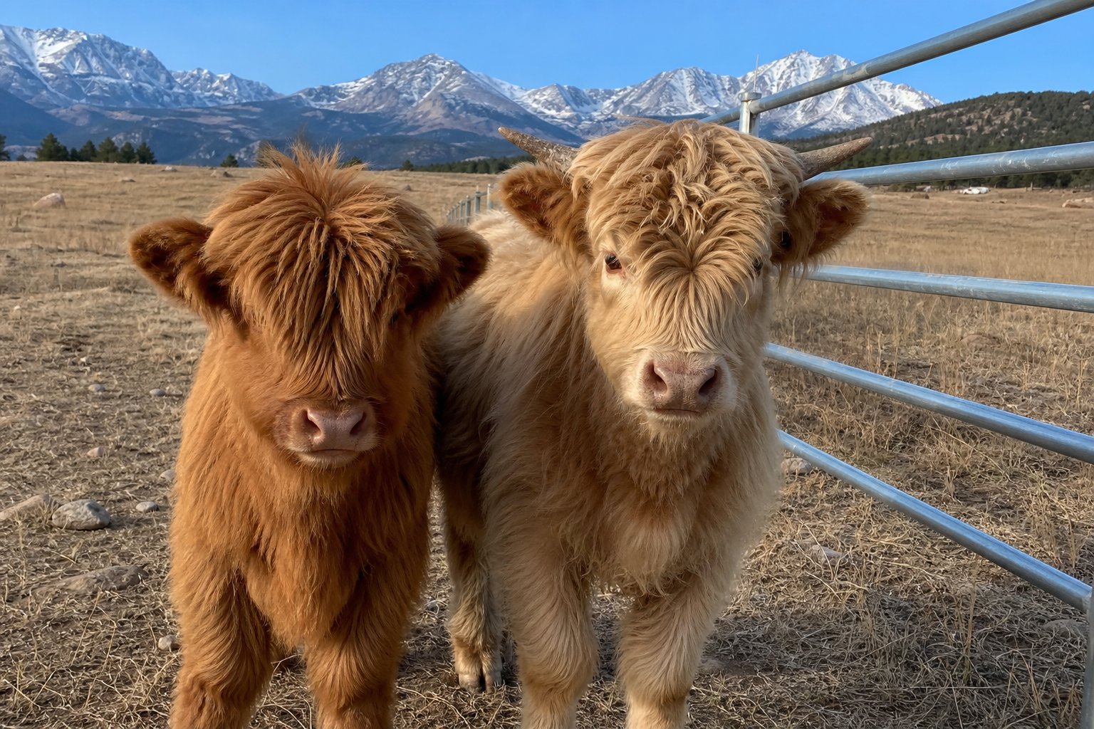 Arlo, a red miniature Highland calf, and Ivy, a cream yearling with small horns, at the pipe fence on the high pastures near Leadville, Colorado.