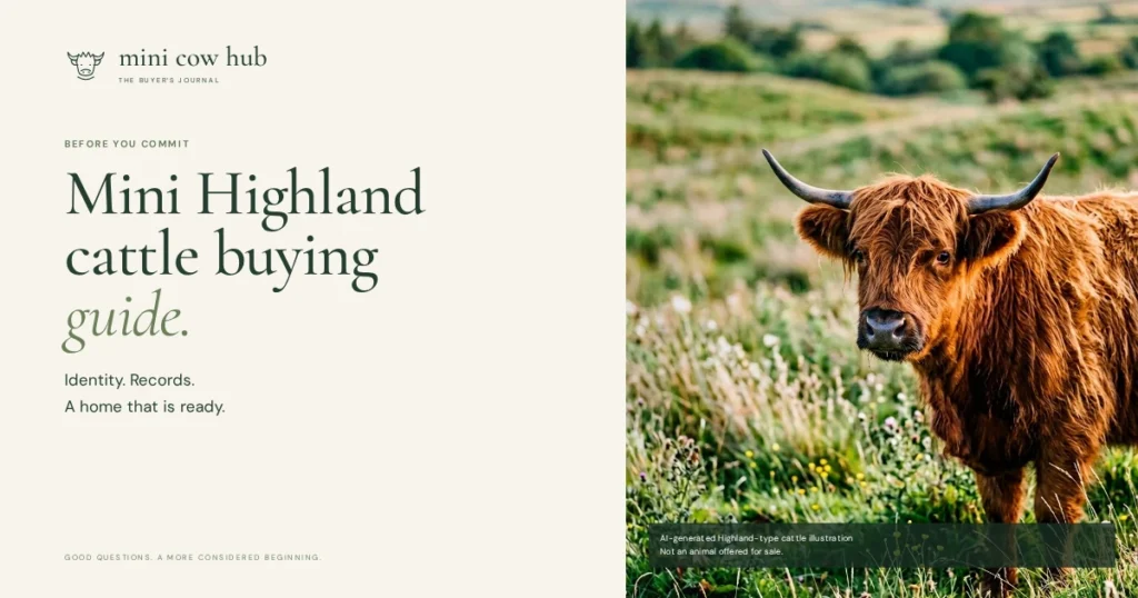 Mini Highland cattle buying guide cover with a Highland-type cattle illustration and identity, records, and readiness prompts.