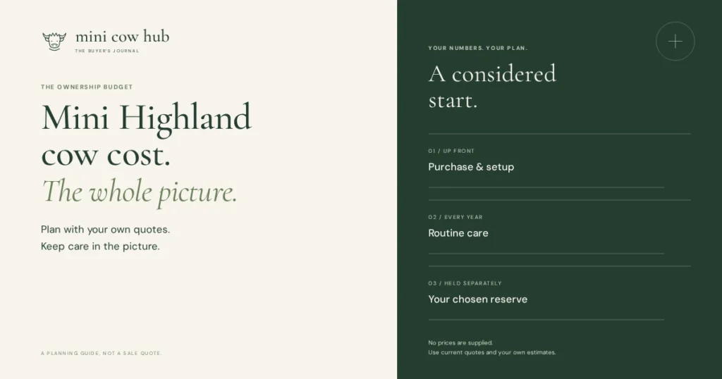 Mini Highland cow cost guide cover showing purchase and setup, routine care, and a separate chosen reserve.
